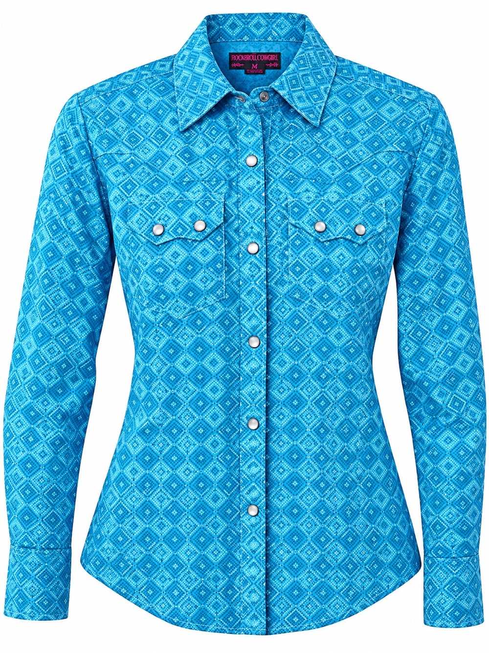 Rock & Roll Cowgirl Bright Turquoise Geometric Snap Western Shirt